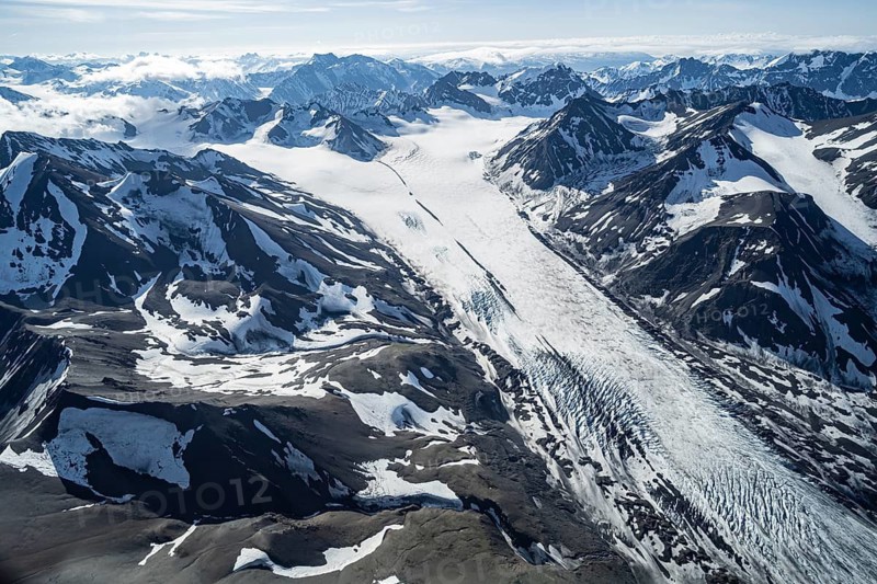 Snow and ice, epic mountains with glaciers, aerial view, Alaska Range, Denali National Park, Alaska, USA