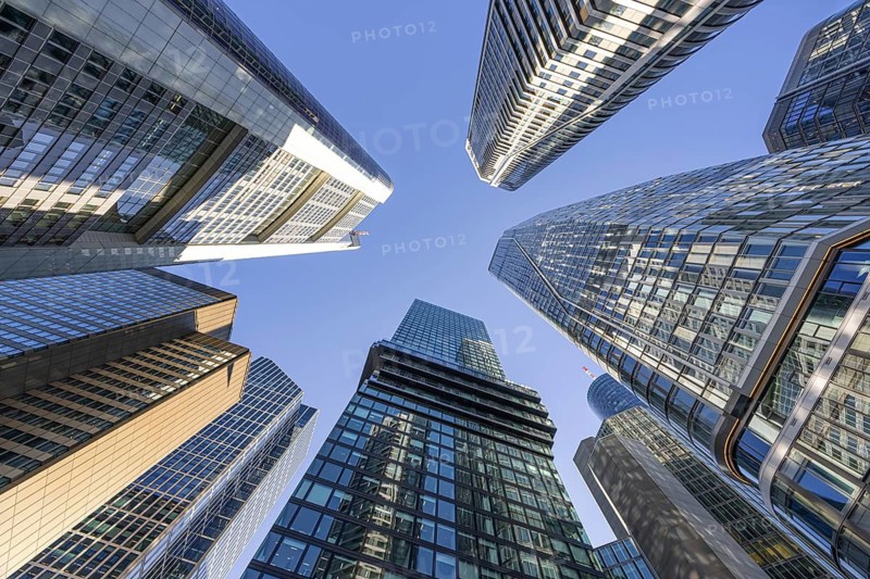 The skyscrapers of Frankfurt's skyline rise far into the sky, Frankfurt am Main, Hesse, Germany