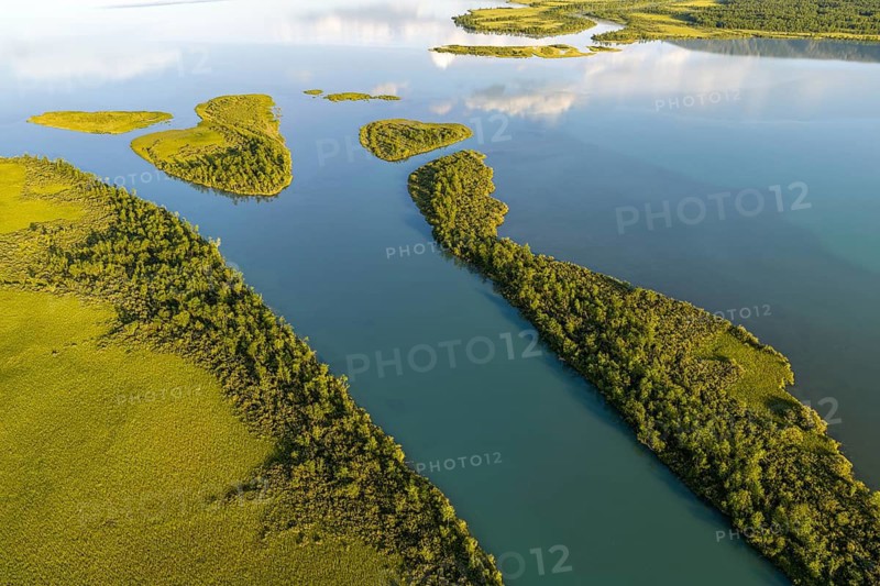 Aerial view of river Vistasjohka, branching river arms, turquoise colored river, Vistasvagge valley, Nikkaluokta, Norrland, Sweden