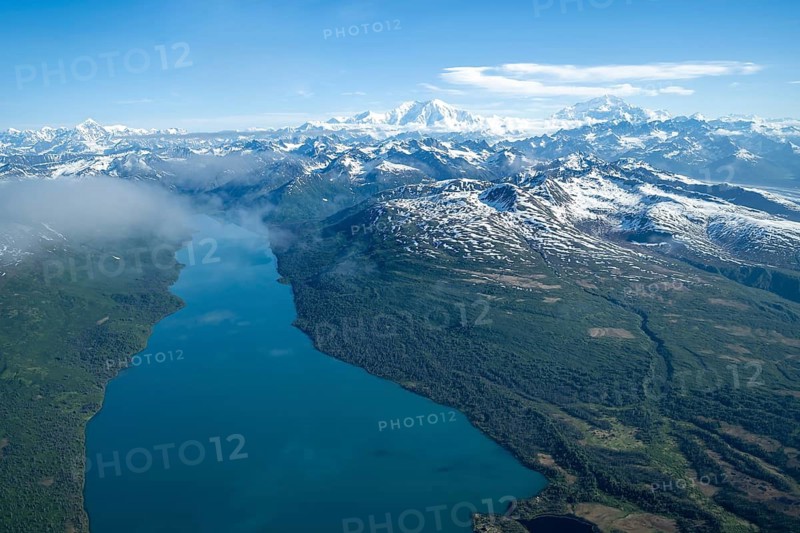 Chelatna Lake, Mt Foraker and Mt Denali or Mount McKinley, aerial view, Alaska Range, Denali National Park, Alaska, USA