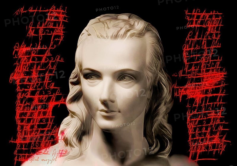 Portrait of Georg Philipp Friedrich Freiherr von Hardenberg, pseudonym and pen name Novalis, 1772 - 1801, German poet of Early German Romanticism, digitally edited after a bust at his grave, Hymns to the Night (Hymnen an die Nacht) written by Novalis