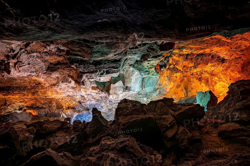 Underground cave formed by lava flow, illuminated lava cave, Cueva de los Verdes, Lanzarote, Canary Islands, Spain