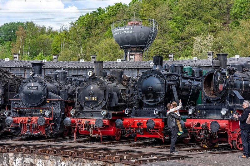 Ring locomotive shed with many historic steam locomotives in the Bochum Railway Museum, museum days weekend, with many attractions such as steam locomotive rides, 3 locomotives are under steam, historic trains make round trips through the Ruhr Valley, many locomotives are on display, on the site of the former Dahlhausen railway depot, North Rhine-Westphalia, Germany