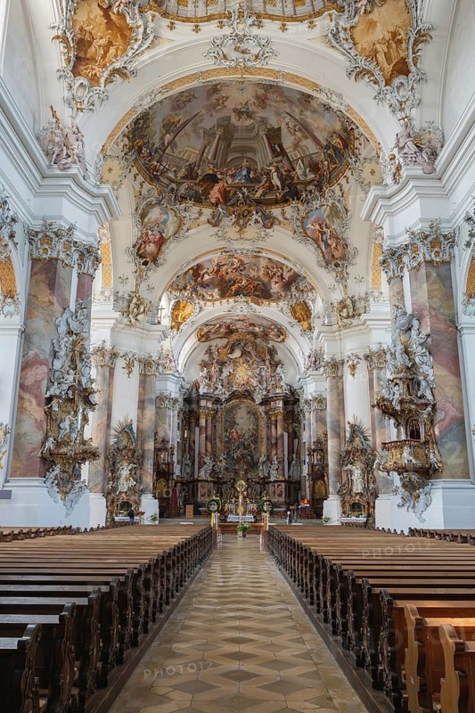The magnificent Basilica of St. Alexander and St. Theodor in Ottobeuren impresses as a masterpiece of southern German Baroque with its opulent ceiling frescoes and detailed stucco decoration, Ottobeuren, Unterallgäu, Bavaria, Germany