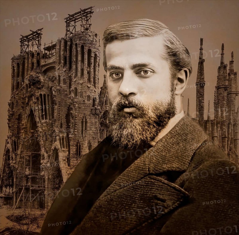 Portrait of Antoni Gaudí i Cornet, 1852 – 1926, Catalan architect and designer from Spain, the greatest exponent of Catalan Modernisme, Construction site of the Basílica i Temple Expiatori de la Sagrada Família, known as Sagrada Família, 1908, Barcelona, Catalonia, Spain, digitally edited