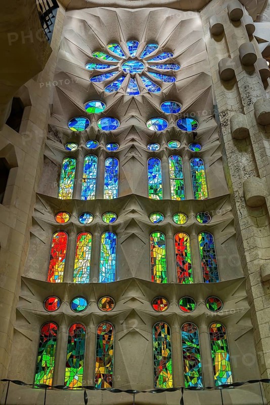 Interior view of the Familia Sagrada by the architect Antonio Gaudi in Barcelona, Spain