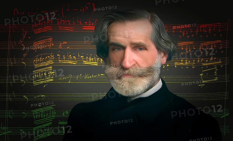 Giuseppe Verdi, 1813 – 1901, Italian opera composer, autograph notesheet from Don Carlos, digitally edited after a painting of Giovanni Boldini