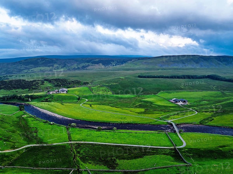 Forest in Teesdale over River Tees from a drone, North Pennines AONB, County Durham, England, United Kingdom