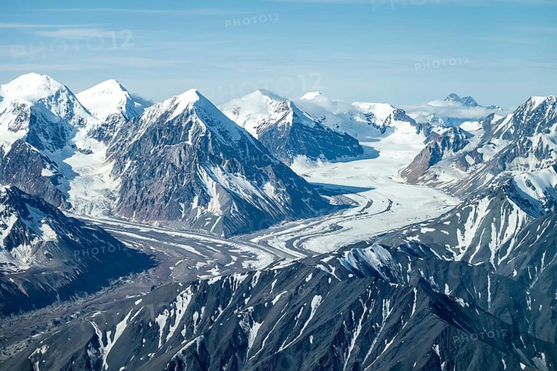Snow and ice, epic mountains with glaciers, aerial view, Alaska Range, Denali National Park, Alaska, USA