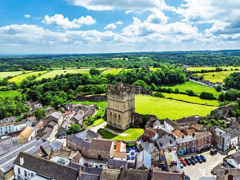 Richmond Castle from a drone, Richmond, Yorkshire Dales, North Yorkshire, England, United Kingdom