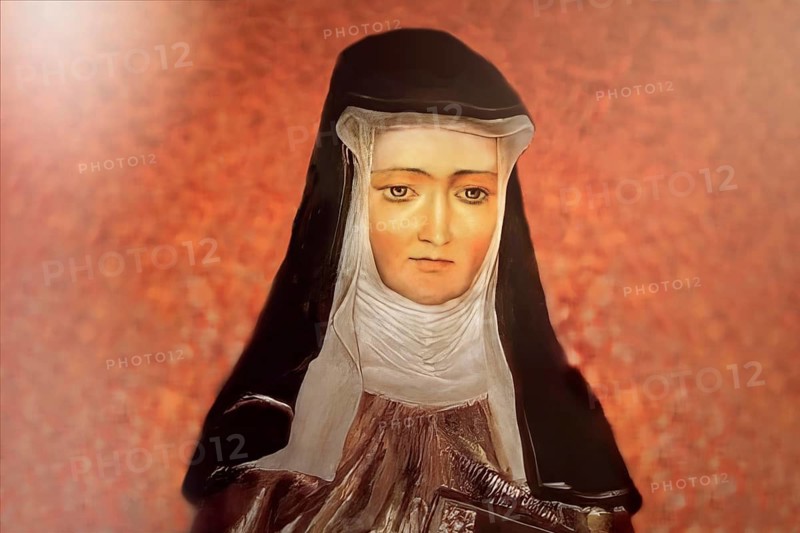 Figure of Hildegard of Bingen, Sibyl of the Rhine, 1098 – 1179, German Benedictine abbess and polymath, digitally edited