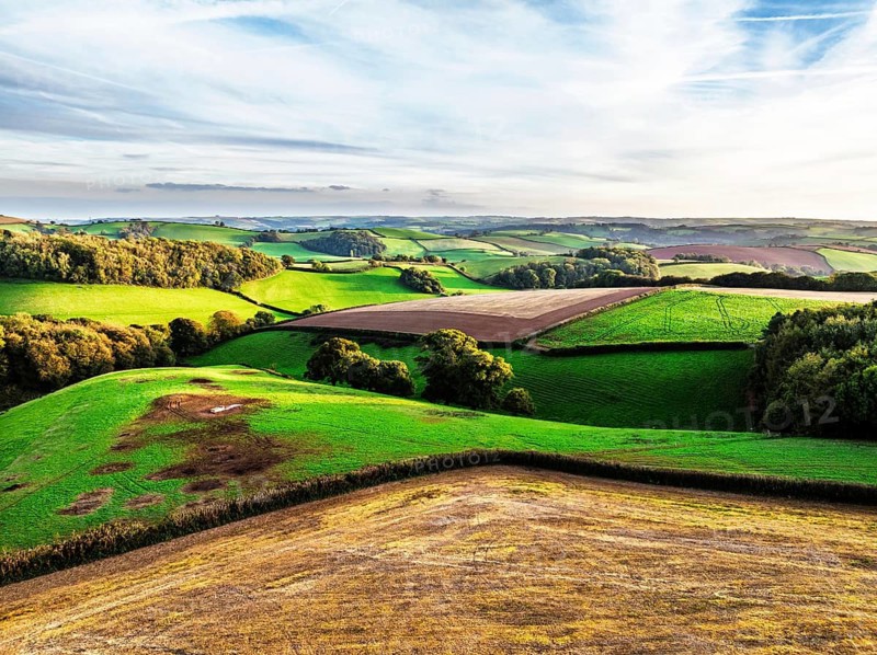Colours of Devon Farms and Fields over Berry Pomeroy from a drone, Totnes, England, United Kingdom