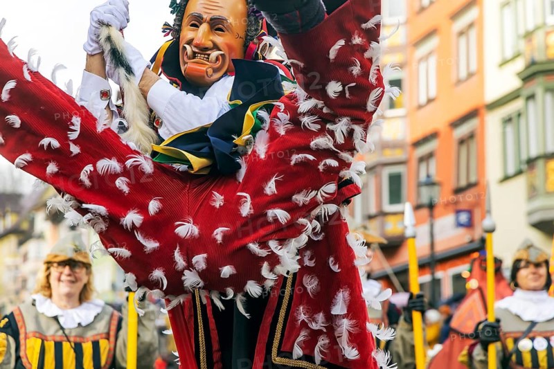 The highlight of the Swabian-Alemannic carnival is the fool's jump in Rottweil. Around 4000 fools jump through the historic Black Gate. The figure of Federahannes, who makes huge jumps, is distinctive. Rottweil, Black Forest, Baden-Württemberg, Germany