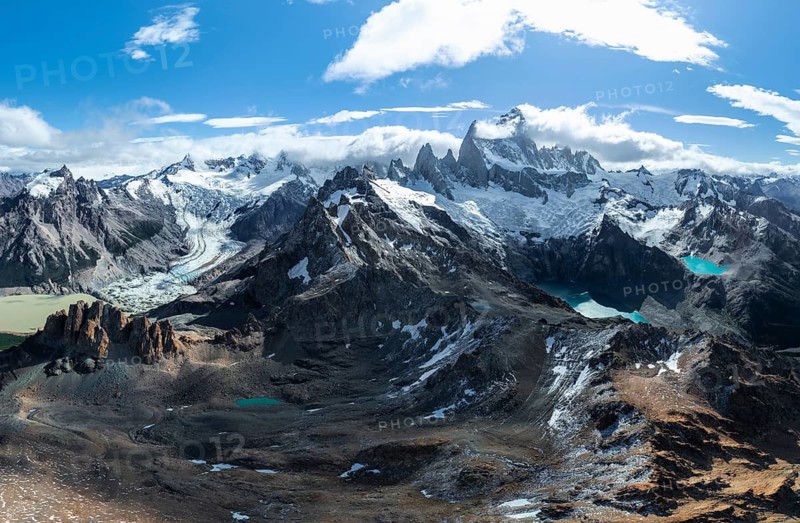 Aerial view, epic panorama, large glaciers, glacial lakes Lago de los Tres Laguna Sucia and Laguna Torre, mountains and peaks of Monte Fitz Roy and Cerro Torre, Fitz Roy mountain range, Cerro Chalten, Los Glaciares National Park, Patagonia, Santa Cruz Province, Argentina