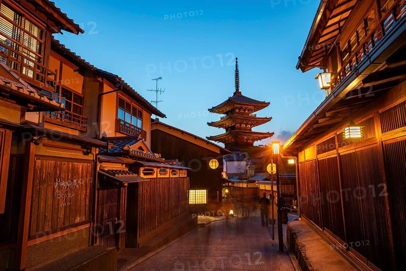 Yasaka dori historic street in the old town with traditional Japanese houses, five-story Yasaka Pagoda of the Buddhist Hokanji Temple at the back, evening mood, blue hour, Higashiyama, Kyoto, Japan
