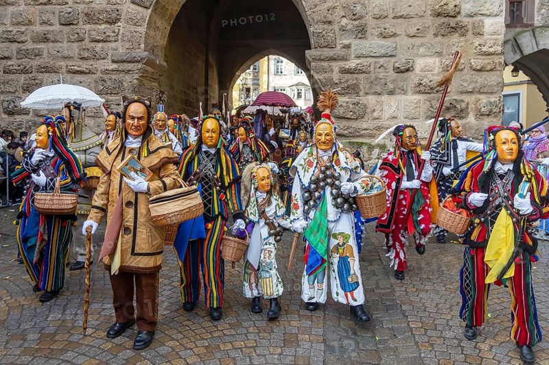 The highlight of the Swabian-Alemannic carnival is the fool's jump in Rottweil. Around 4000 fools jump through the historic Black Gate. Only fools with the certified original Rottweiler fool dress may participate. Rottweil, Black Forest, Baden-Württemberg, Germany