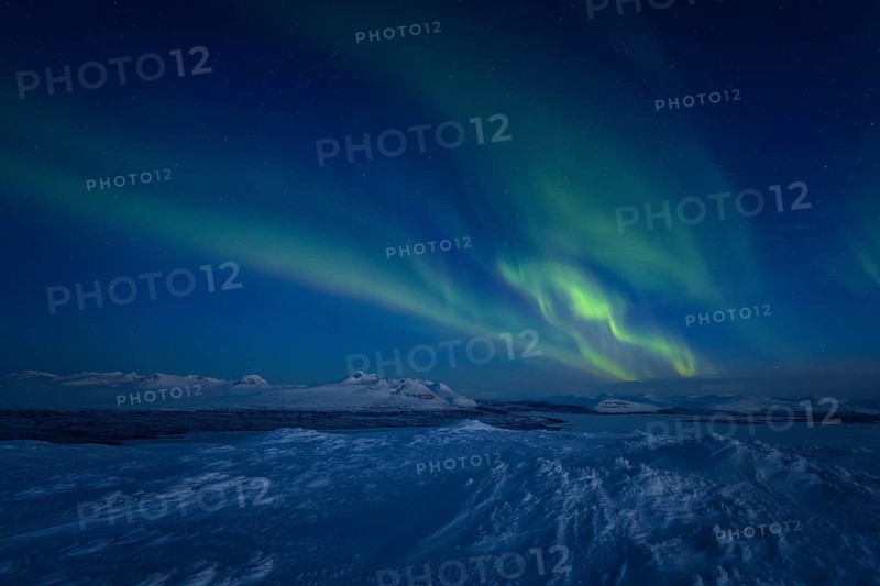 Northern Lights (Aurora borealis) over Lake Akkajaure and the Akkamassif, Stora Sjöfallet National Park, Laponia World Heritage Site, Norrbotten, Lapland, Sweden, April 2021