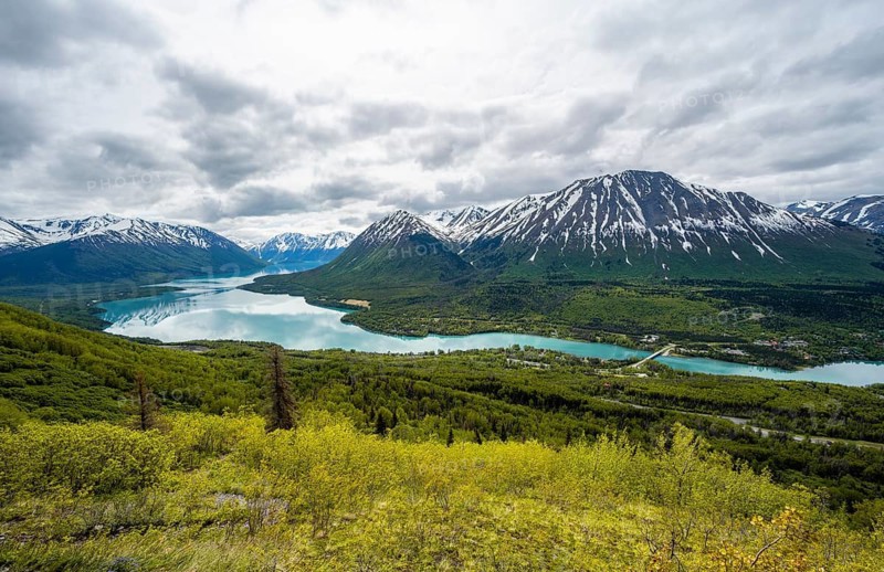View of snowy mountains in spring and turquoise blue Kenai Lake, Slaughter Ridge Trail, Cooper Landing, Kenai Peninsula, Alaska, USA