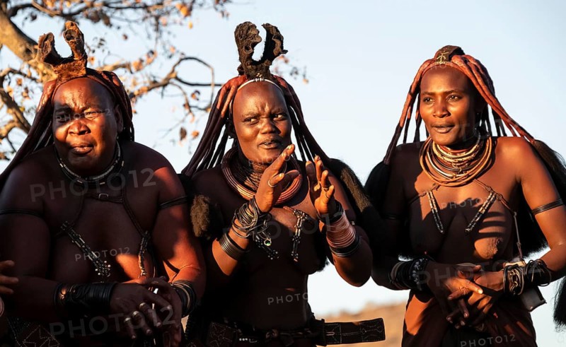Himba woman dancing euphorically, traditional dance, traditional Himba village, Kaokoveld, Kunene, Namibia