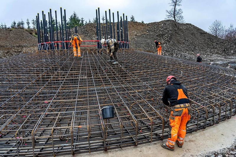 Assembly of reinforcing steel for the reinforced concrete foundation of a wind turbine, a mesh of rebar and rebar mesh, over 100 tons of reinforcing steel were used, the wind turbine will have a hub height of 160 meters, part of a new wind farm in Sauerland, near Balve, North Rhine-Westphalia, Germany