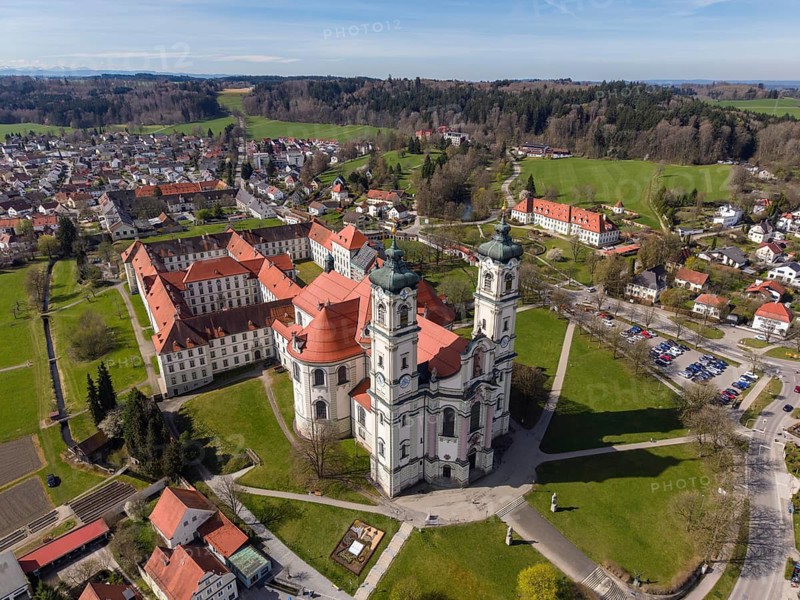 Aerial view of the Baroque Basilica of St. Alexander and Theodor, Ottobeuren Abbey, Ottobeuren, Unterallgäu, Bavaria, Germany