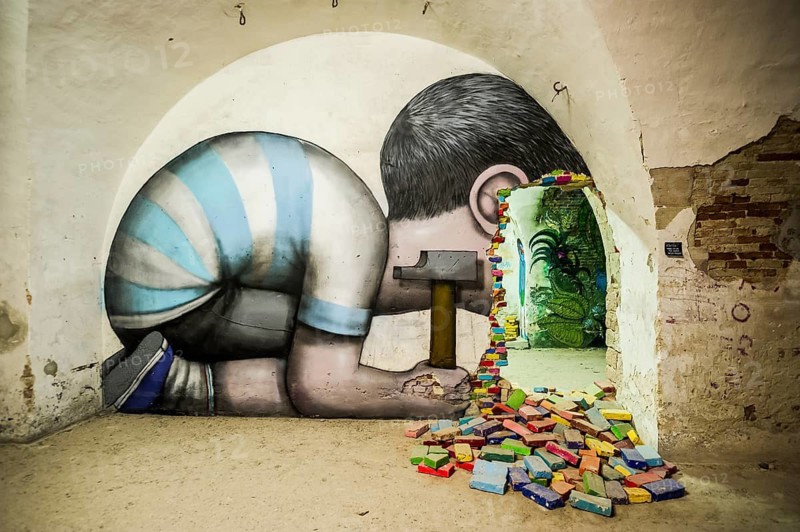 Street art, graffiti, MAUSA VAUBAN, Museum of Urban Art and Street Art, Vauban Fortress Neuf-Brisach, UNESCO World Heritage Site, Haut-Rhin Department, Alsace, France