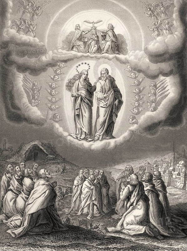 The Assumption of Mary into Heaven, Steel engraving 1853, digitally restored