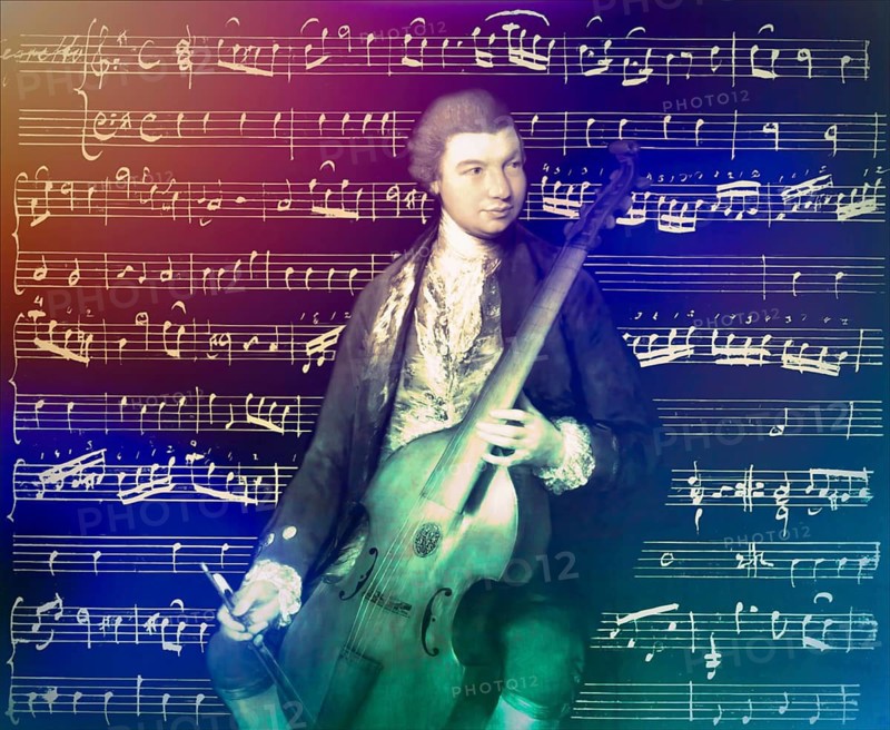 Carl Friedrich Abel, 1723? – 1787, German composer, digitally edited according to a painting by Thomas Gainsborough, Sonatas for viola da gamba and bass, written in the author's own hand