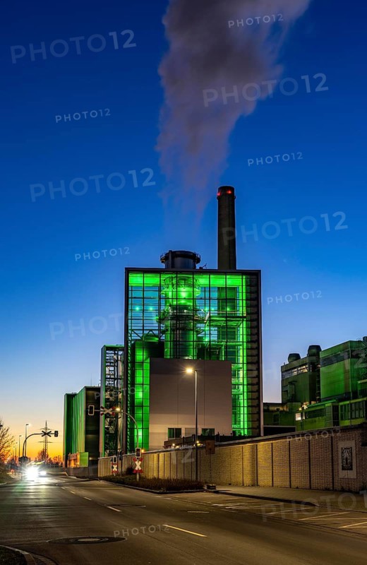 The Lausward combined heat and power plant in Düsseldorf, gas and steam turbine power plant, operated by Stadtwerke Düsseldorf and EnBW, in the harbour of Düsseldorf on the Rhine, green illuminated city window, the chimney of the Fortuna power plant unit, the power plant generates electricity, also traction current and district heating, North Rhine-Westphalia, Germany