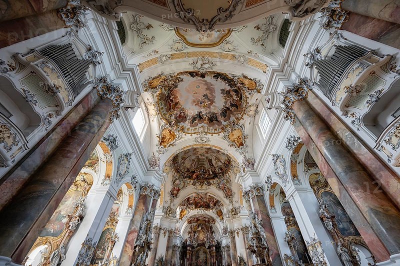 The magnificent Basilica of St. Alexander and St. Theodor in Ottobeuren impresses as a masterpiece of southern German Baroque with its opulent ceiling frescoes and detailed stucco decoration, Ottobeuren, Unterallgäu, Bavaria, Germany
