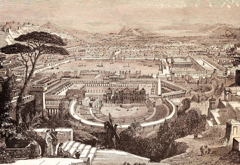 City of Ephesus or Ephesus in Asia Minor, Turkey, Epistle Paul to the Ephesians, New Testament, Letter, Theatre in a Semicircle, Market Square, Secure Harbour, Mountains, Mediterranean Sea, Bible, Historical Illustration 1850