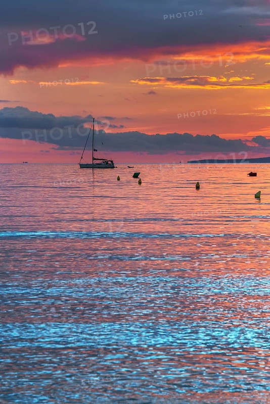 Sailing boat at sunset, Palma de Mallorca, Mallorca, Balearic Islands, Spain