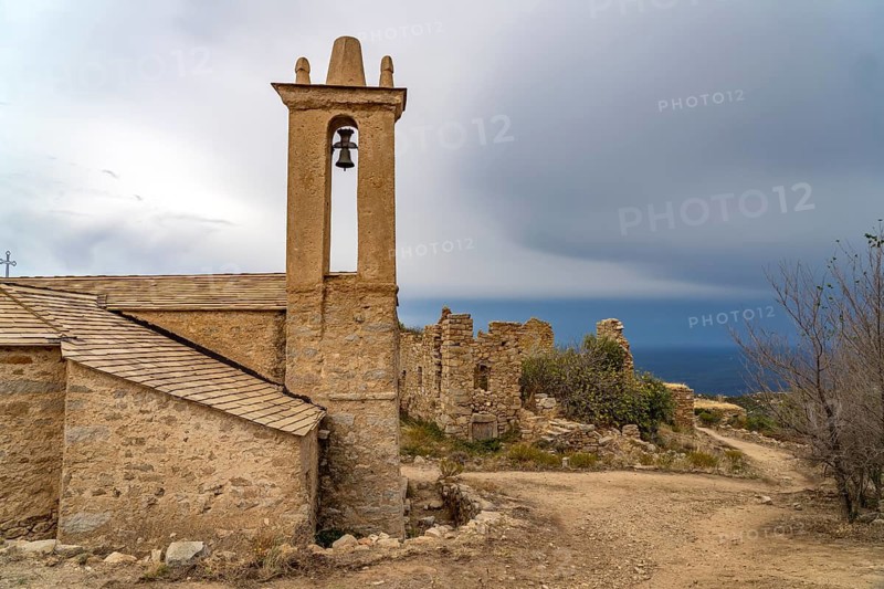 The church of Annunziata in the ruins of the abandoned village of Occi near Lumio, Balagne, Corsica, France
