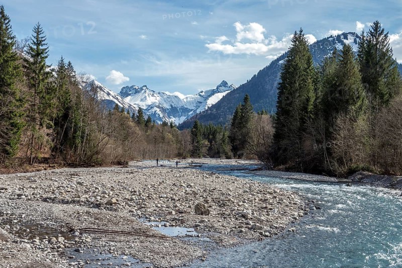 Trettach, behind Kratzer and Trettachspitze, near Spielmannsau, Trettachtal, Oberstdorf, Oberallgäu, Allgäu, Bavaria, Germany