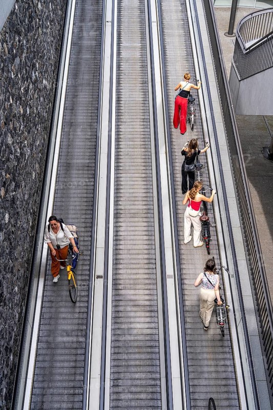 New bicycle car park at Amsterdam Central Station, Stationsplein, space for around 7000 bicycles, largest in Amsterdam, digitally monitored, underground, direct connection to the station and metro, Netherlands, escalators lead to the bicycle garage, Netherlands