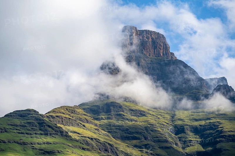 Mountains with fog at the amphitheatre, Drakensberg National Park, KwaZulu Natal, South Africa