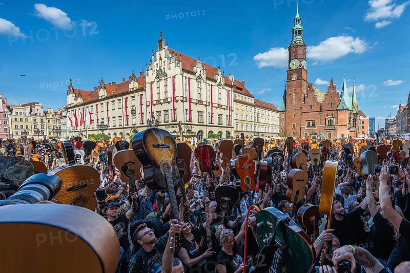 WROCLAW, POLAND - MAY 1, 2025: World Guitar Record concert, 8122 participants played Jimi Hendrix's song Hey Joe on guitars in the Wroclaw market square