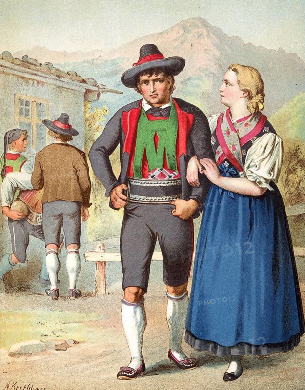 Traditional costumes in Germany around 1820, Tyrol, Merano, A couple in Tyrolean costumes strolls through a rural scene, digitally retouched reproduction of a model from around 1850, by Albert Kretschmer (27 February 1825, 11 July 1891), German painter and traditional costume expert