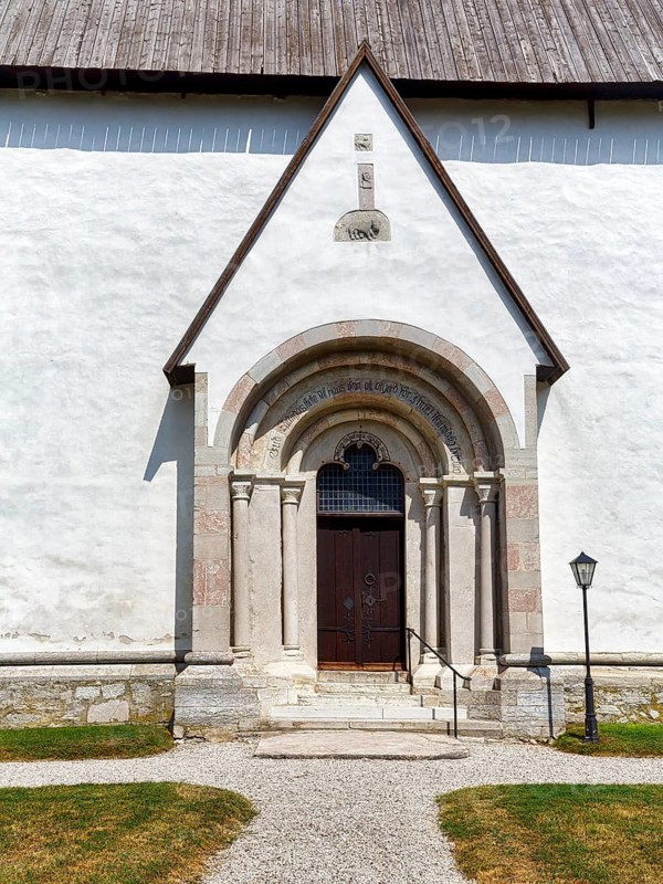 Artistic side portal, south portal of the medieval church of Gothem, Gothem kyrka, east coast, island of Gotland, Sweden