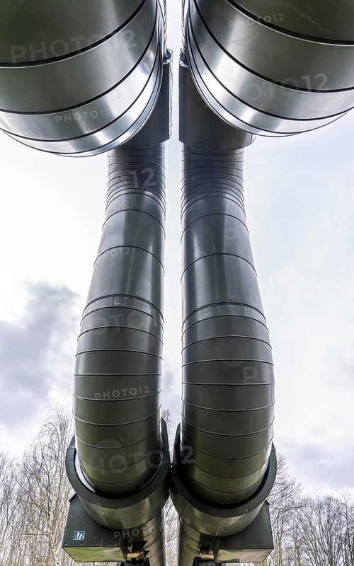Iqony district heating pipes in Gelsenkirchen, U-shaped expansion bend for length compensation through expansion of the pipe material at different temperatures, North Rhine-Westphalia, Germany