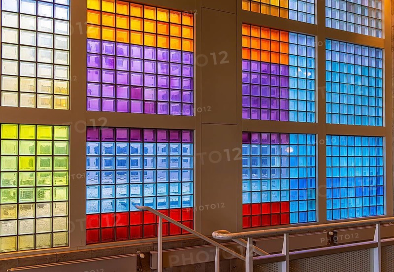 Colourful mosaic glass windows in the foyer of the Berlin State Library, Germany