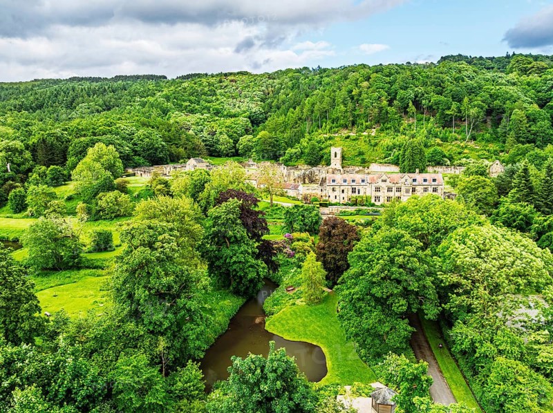 Mount Grace Priory, House and Gardens from a drone, East Harlsey, North Yorkshire, England, United Kingdom