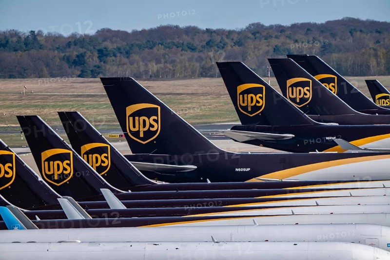 Cologne-Bonn airport, CGN, air freight center, UPS logisic hub, UPS cargo aircraft on the apron, tail stations, at the logistics center