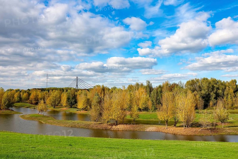 Wesel, Lower Rhine, North Rhine-Westphalia, Germany - autumn on the Lippe, trees with colorful autumn leaves in the restored river floodplain area of Büdericher Insel above the mouth of the Lippe into the Rhine, Lippe estuary nature reserve, in the back the Lower Rhine bridge Wesel