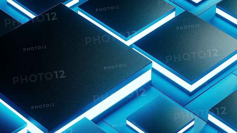 Abstract background design featuring a network of glowing geometric shapes in blue tones, creating a visually captivating technological atmosphere