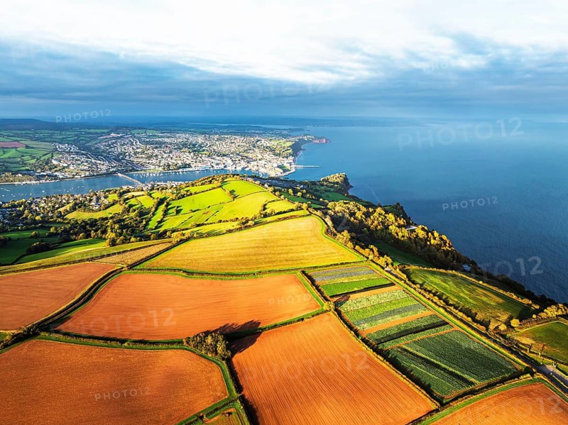 Colours of autumn Fields and Farms over Sheldon from a drone, Torbay, Devon, England, United Kingdom