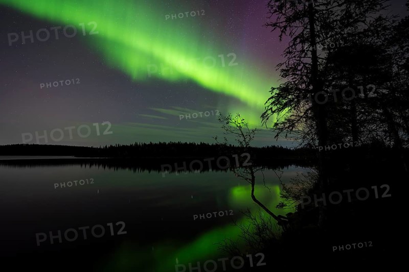 Northern Lights (Aurora borealis) reflected in a forest lake, Gällivare, Norrbotten, Lapland, Sweden, September 2023