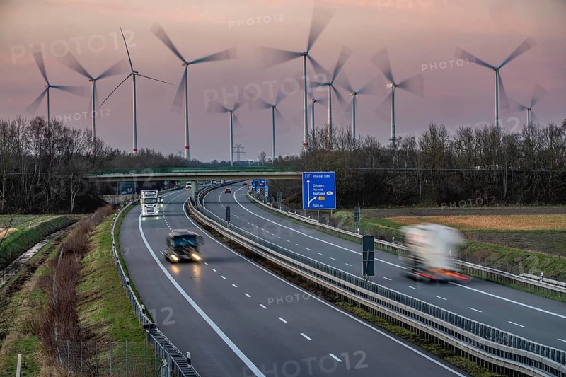 Borsum wind farm, near Rhede, on the A31 motorway, the wind farm was put into operation in 2001 and repowered in 2024, 13 old turbines were dismantled and replaced with 8 new Enercon E160 wind turbines and an Enercon E147, with a total output of almost 50 MW, Lower Saxony, Germany