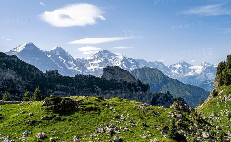 Picturesque mountain landscape, glaciated mountain peaks Eiger Mönch and Jungfrau, Schynige Platte, Bernese Alps, Bernese Oberland, Switzerland