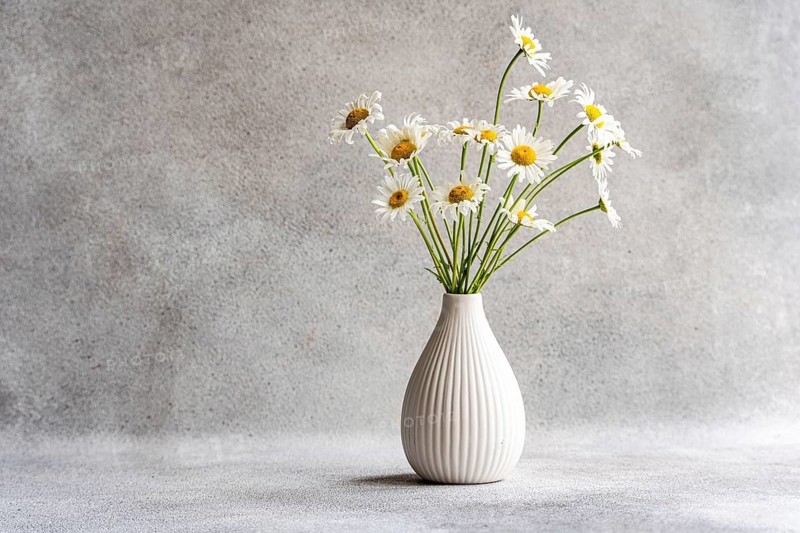 A beautiful arrangement of daisy flowers in a stylish white ceramic vase set against a subtle gray background, adding a touch of elegance and natural charm to any decor